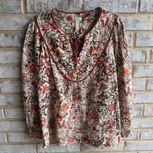 Matilda Jane Ruched Cuff Sleeve Tie V-Neck Floral Blouse Women's Size L.